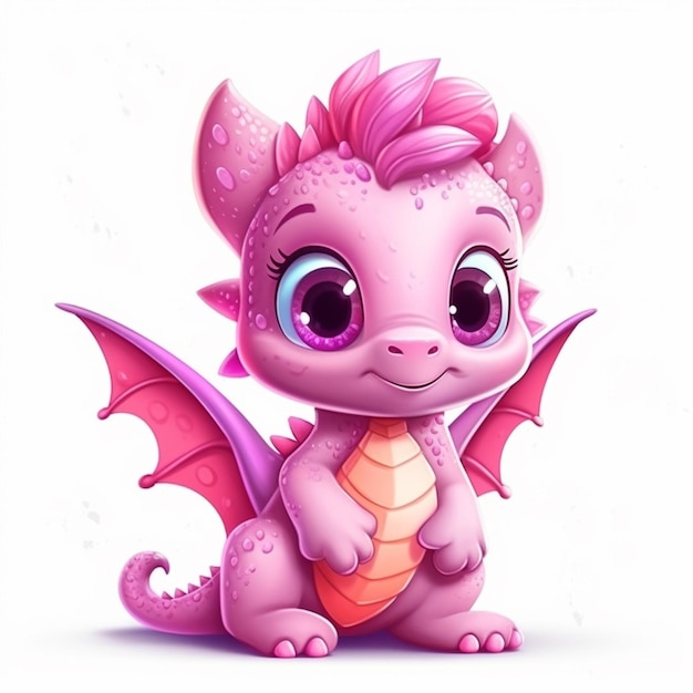 Cartoon dragon with pink hair and purple wings sitting on the ground generative ai