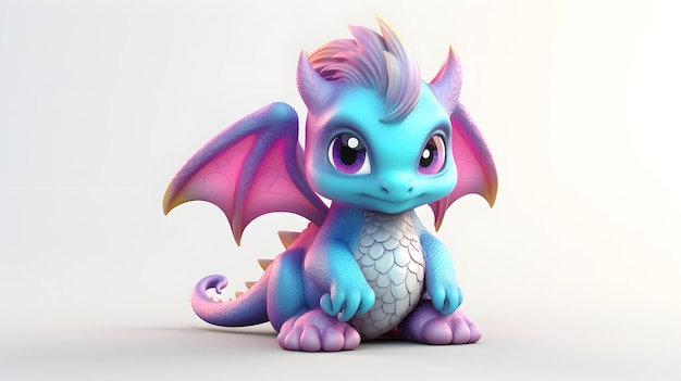 A cartoon dragon with purple wings and pink wings sits on a white background.