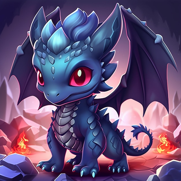 Cartoon dragon with red eyes and a black tail generative ai