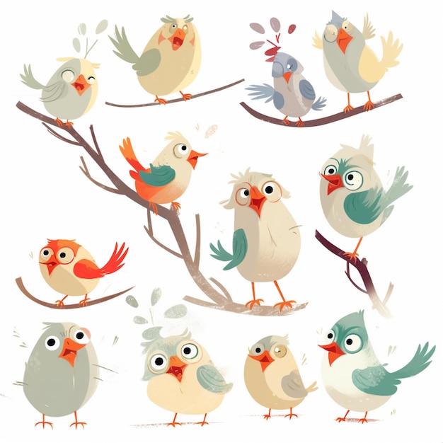 A cartoon drawing of birds on a branch