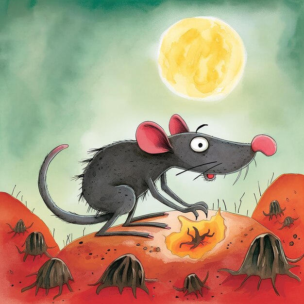 Photo a cartoon drawing of a black rat with a moon in the background.