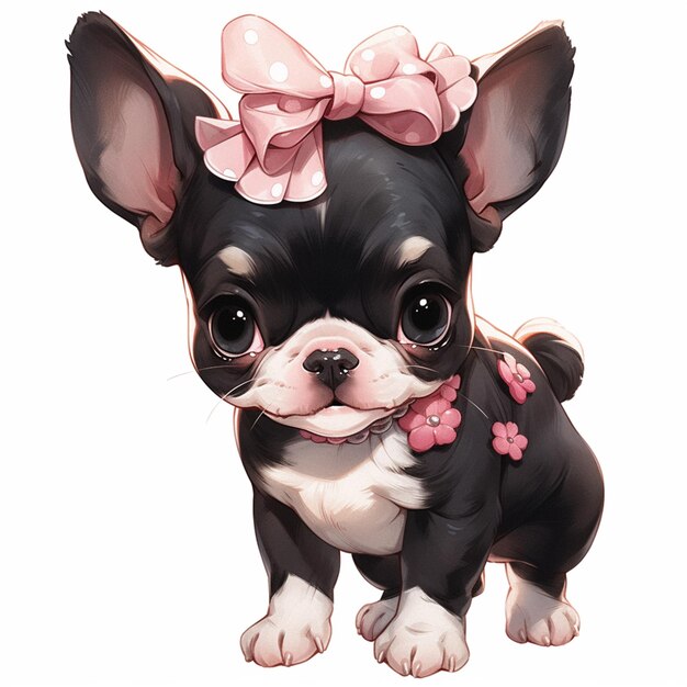 Photo cartoon drawing of a black and white dog with a pink bow generative ai