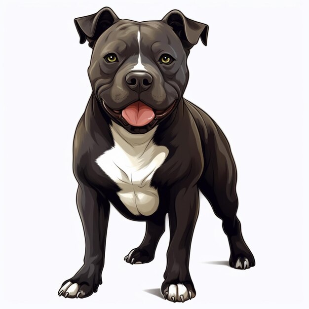 cartoon drawing of a black and white pit dog standing with its tongue out generative ai