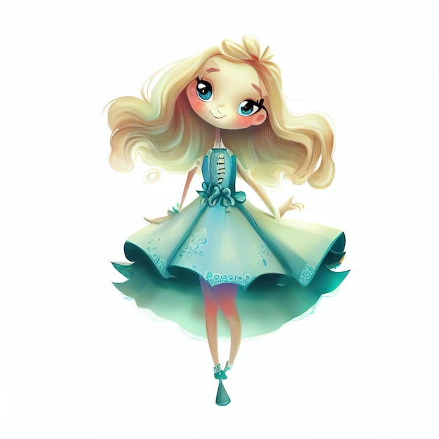 A cartoon drawing of a blonde princess with a blue dress and a green dress.