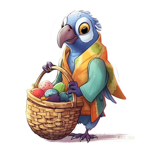 A cartoon drawing of a blue bird with a basket