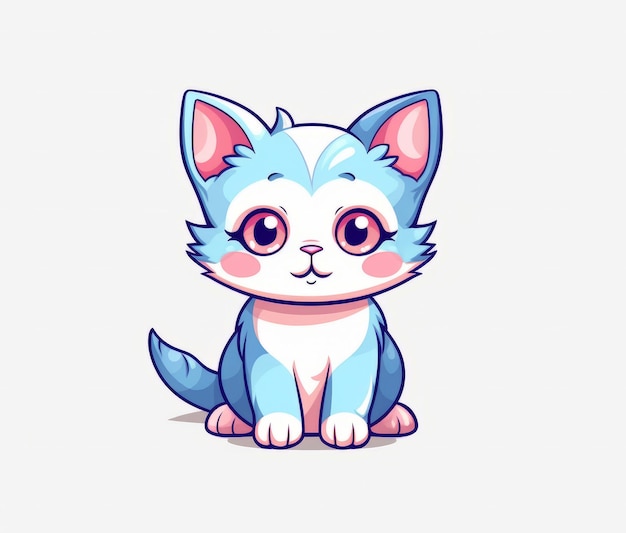 A cartoon drawing of a blue cat with pink eyes.