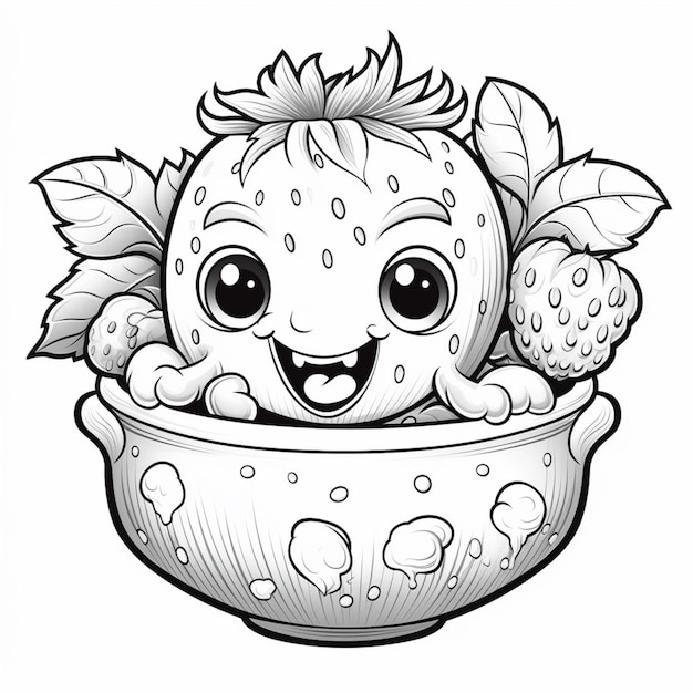 A cartoon drawing of a bowl of strawberries with a happy face generative ai