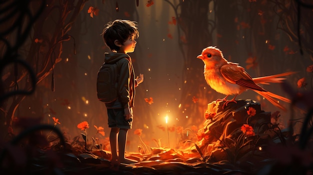A cartoon drawing of a boy and a boy standing in front of a bird picture