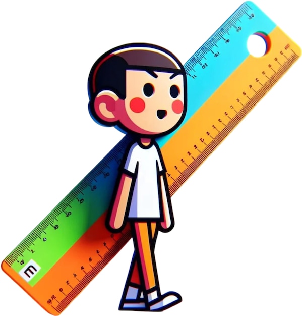 a cartoon drawing of a boy holding a ruler with the word m on it