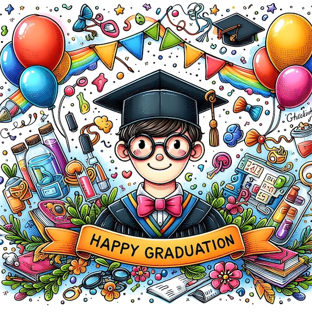 Foto un disegno di cartone animato di un ragazzo che indossa un berretto di laurea e un cappello di laurea