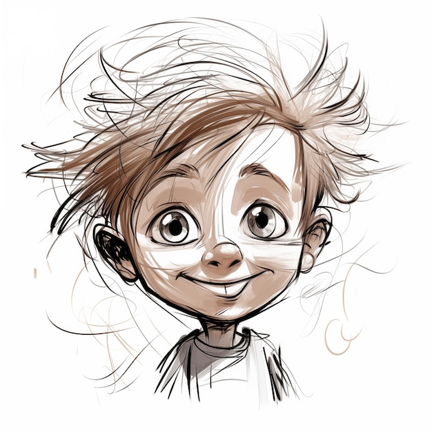 cartoon drawing of a boy with a messy hair and a big smile generative ai