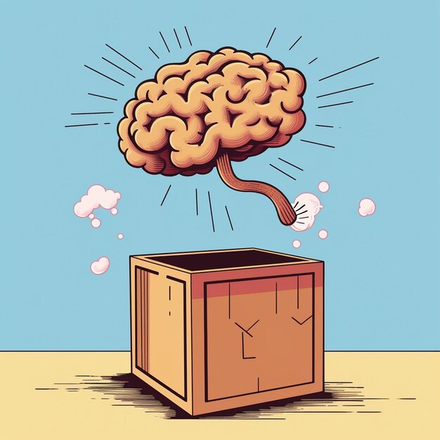 a cartoon drawing of a brain being attacked by a cardboard box.