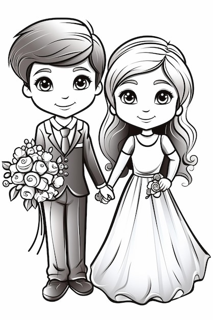 a cartoon drawing of a bride and groom holding hands generative ai