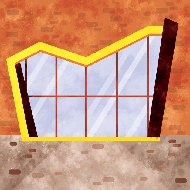 A cartoon drawing of a building with a curved window that says'the word " on it.