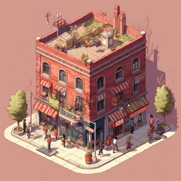 A cartoon drawing of a building with a plant growing out of it