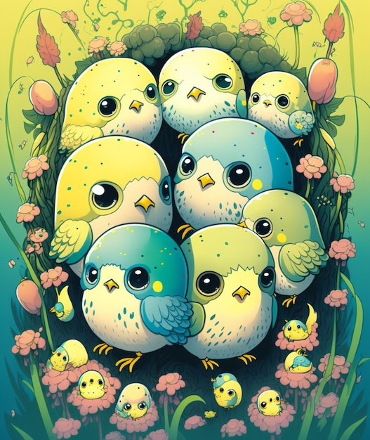 A cartoon drawing of a bunch of birds with a yellow and blue face.
