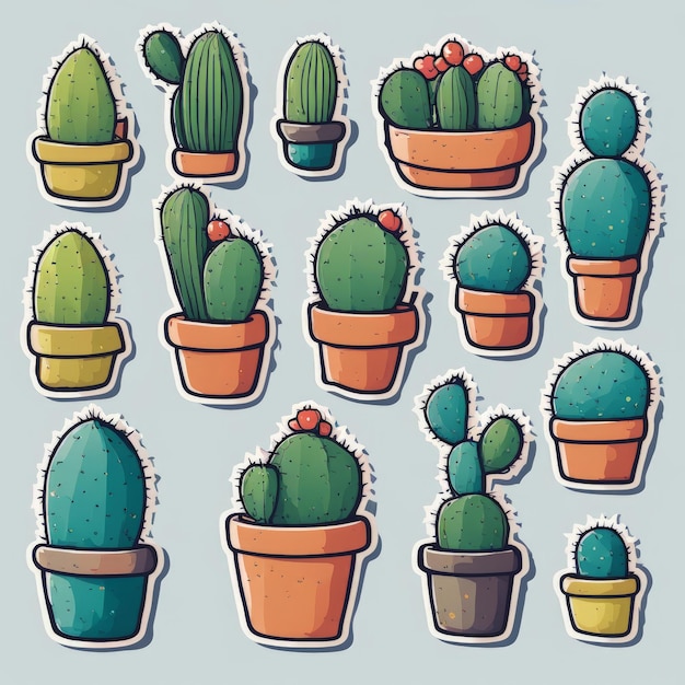 Photo a cartoon drawing of cactus pots with a blue background