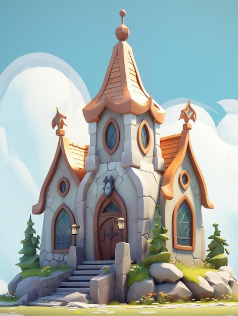 a cartoon drawing of a castle with a sky background.