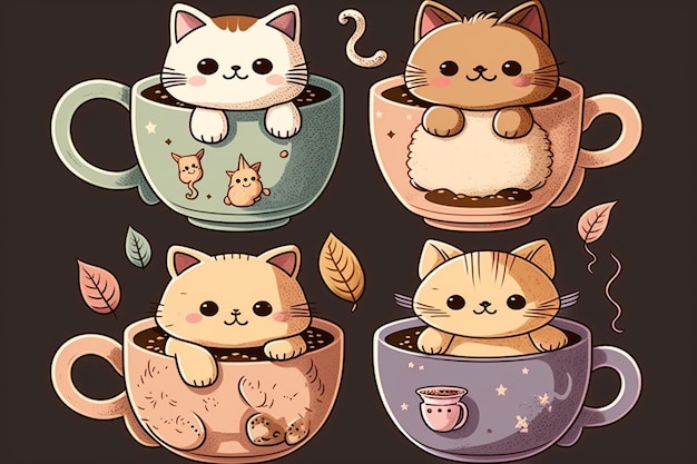 A cartoon drawing of a cat in a cup