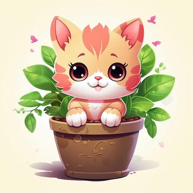 A cartoon drawing of a cat in a pot with green leaves and a pink nose.