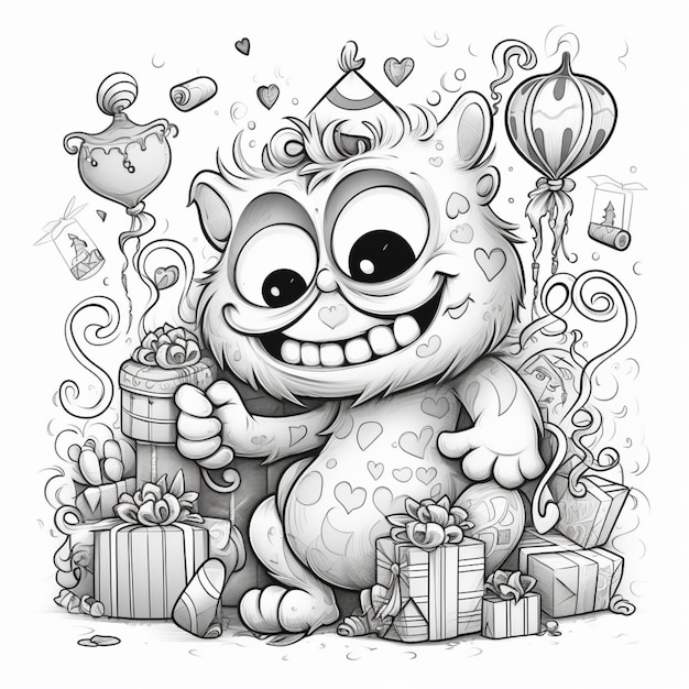 Photo a cartoon drawing of a cat with a birthday cake and presents generative ai