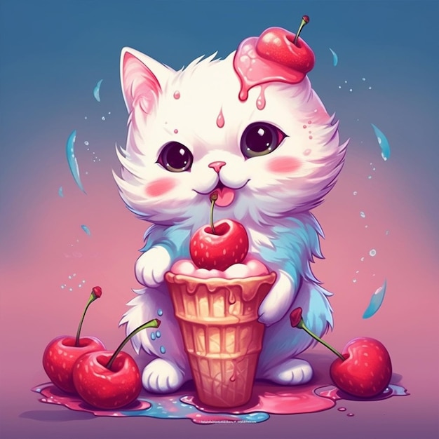 A cartoon drawing of a cat with a cherry on its head