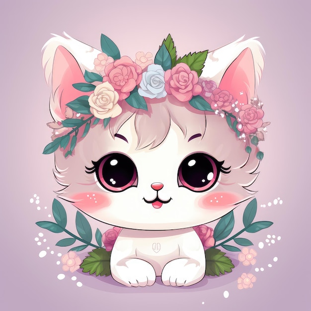 A cartoon drawing of a cat with flowers on it