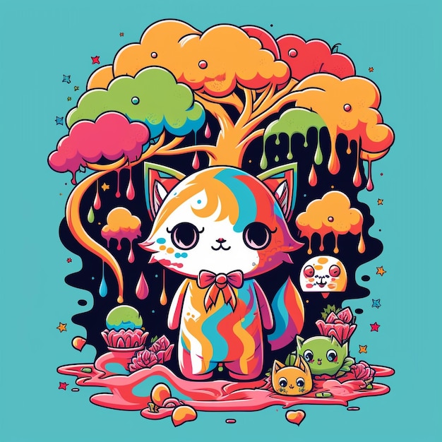 Карикатурный рисунок кота в радужной рубашке.