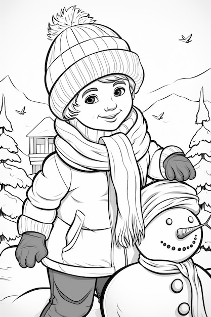 a cartoon drawing of a child with a snowman in the snow generative ai