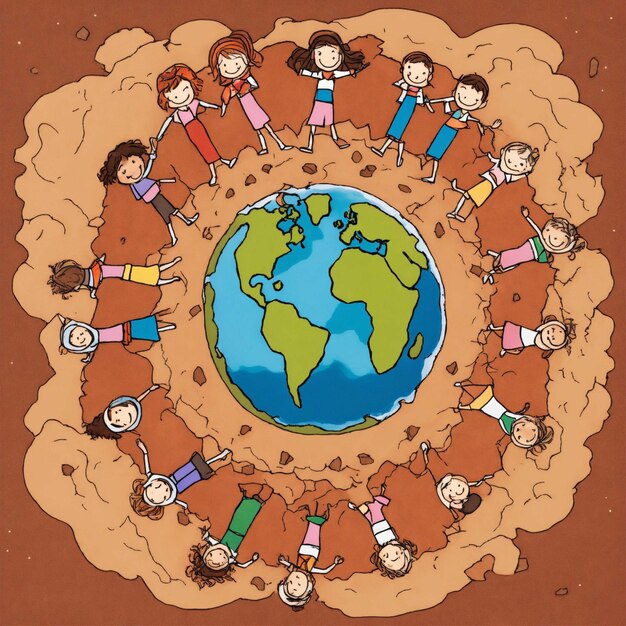 Photo a cartoon drawing of children around the earth with the word earth on it