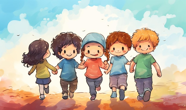 a cartoon drawing of children holding hands and walking in the sand