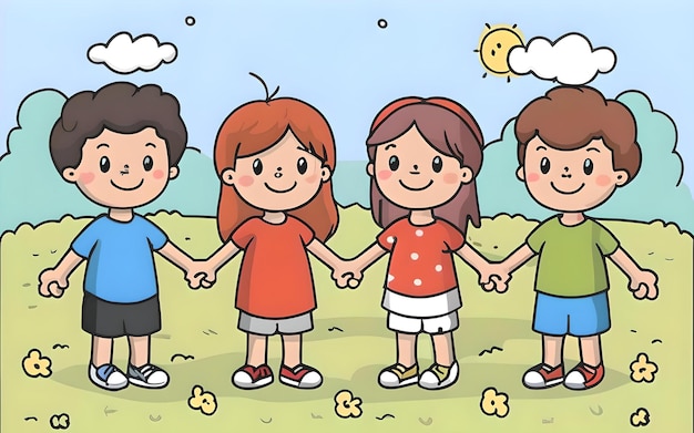 Photo a cartoon drawing of a children holding hands with the sun in the background