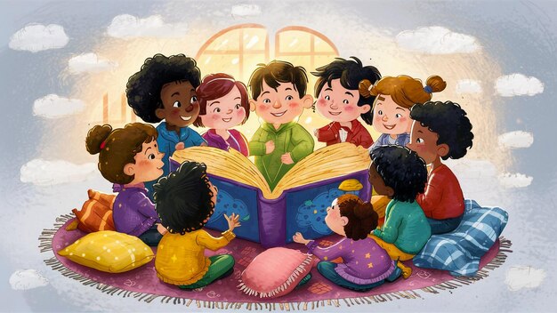 Photo a cartoon drawing of children reading a book with the word quot the one on it quot