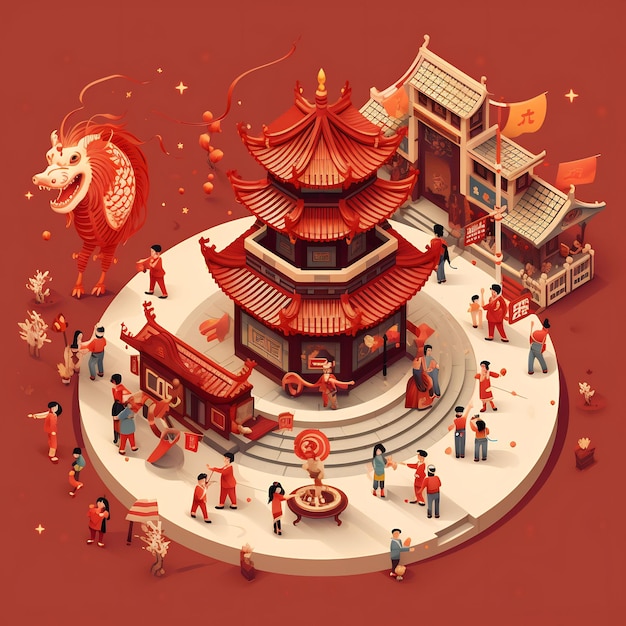 a cartoon drawing of a chinese temple with a red background.