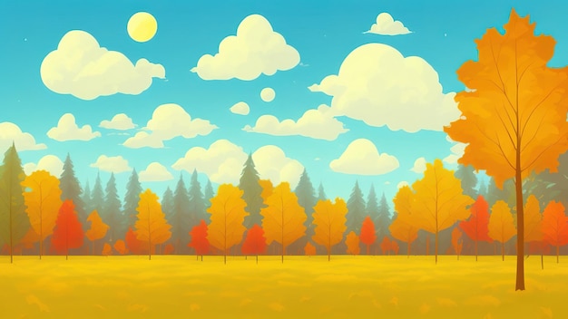 Cartoon drawing of a colorful autumn forest