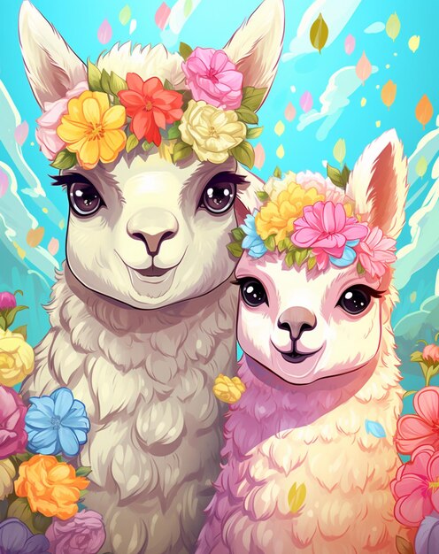 A cartoon drawing of a couple of alpacas with flowers on their heads.