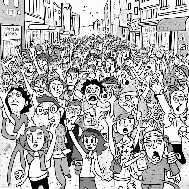 Photo a cartoon drawing of a crowd of people with a sign saying 