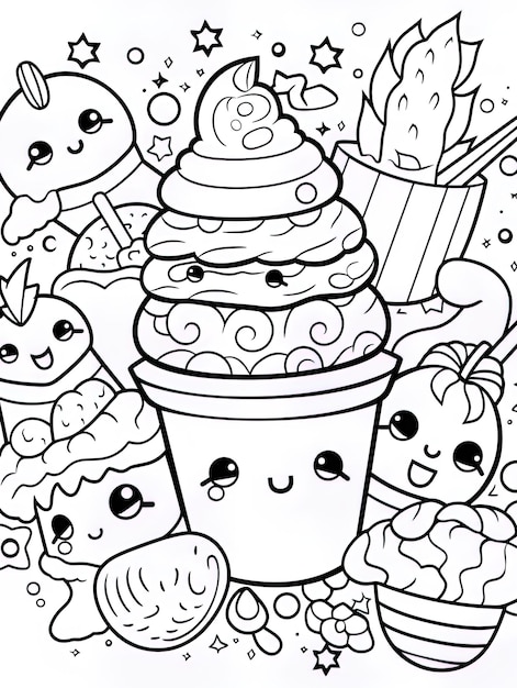 Un disegno di cartone animato di un cupcake con una tazza di caffè e una cannuccia.