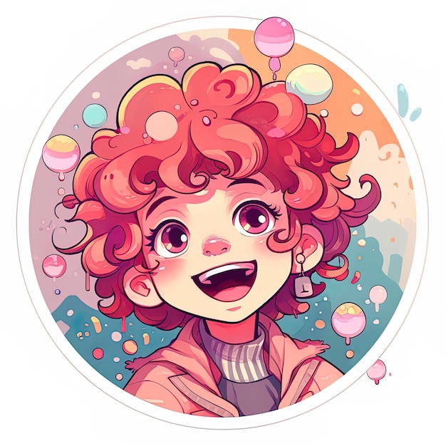 a cartoon drawing of a cute little girl with curly hair.