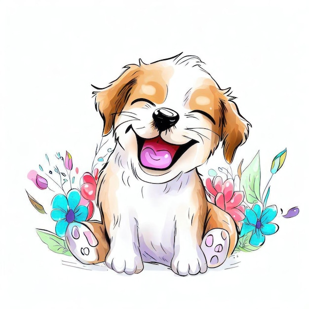 A cartoon drawing of a dog with a happy face.