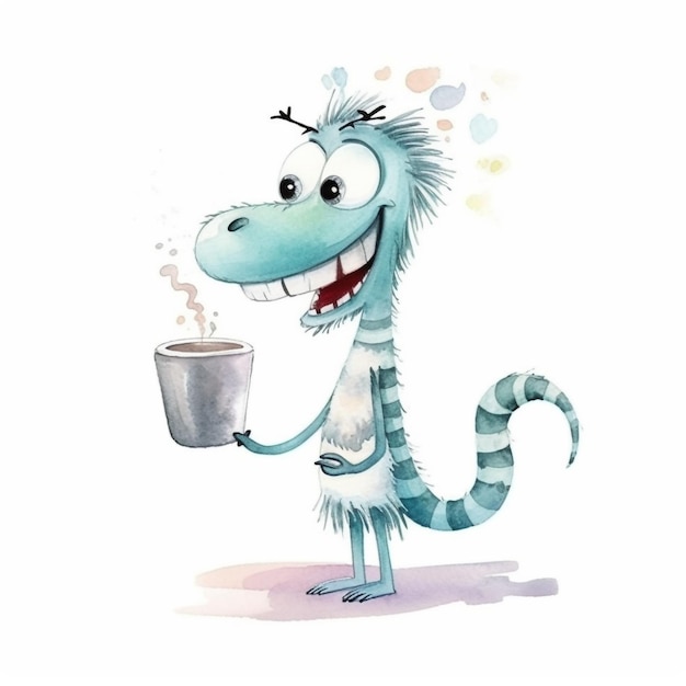 Мультяшный рисунок дракона, держащего чашку кофе.