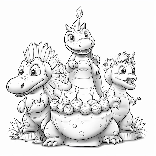 A cartoon drawing of a dragon with a birthday cake in the middle.