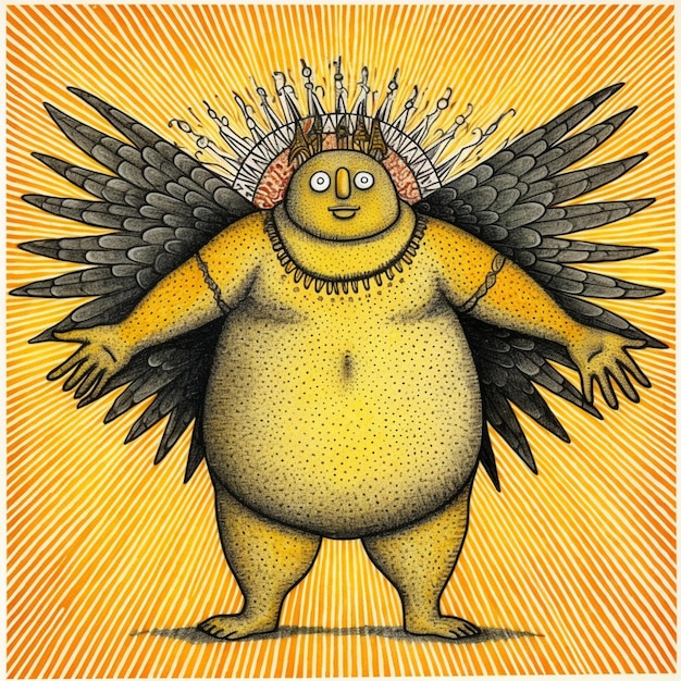 a cartoon drawing of a fat man with wings on his head generative ai