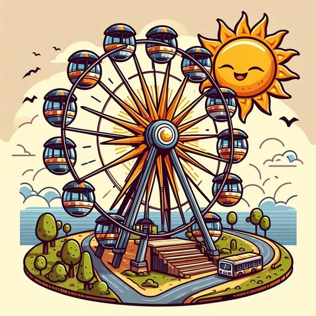 a cartoon drawing of a ferris wheel with the words quot sun quot on it