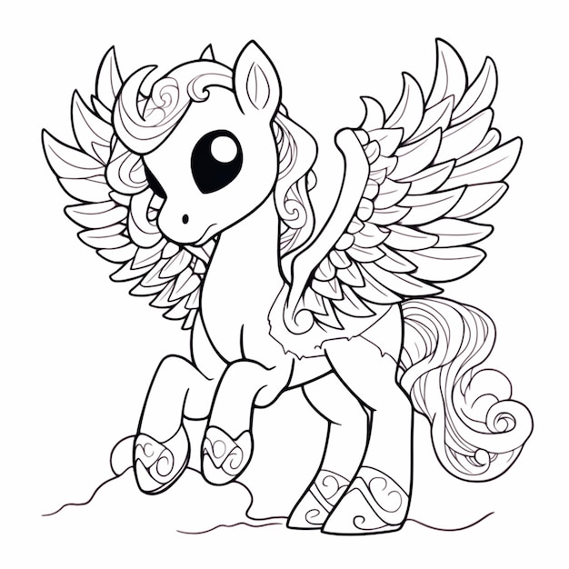 A cartoon drawing of a flying horse with wings and a heart on its body.