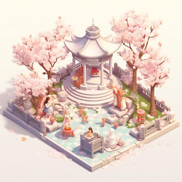 a cartoon drawing of a garden with a pink tree and a building with a pagoda in the background.