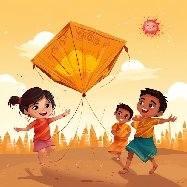 A cartoon drawing of a girl and a boy playing with a kite with the year 2010 on it