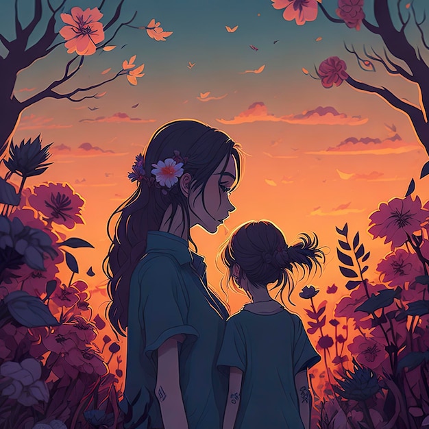 A cartoon drawing of a girl and her mother looking at the sunset.