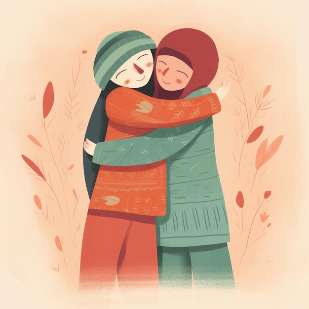 A cartoon drawing of a girl hugging another girl.