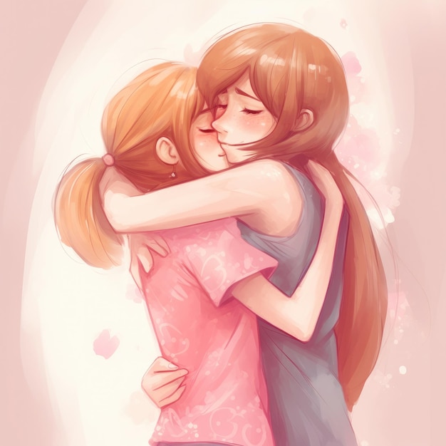 A cartoon drawing of a girl hugging her friend.